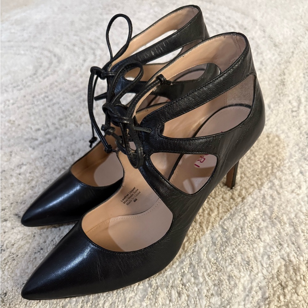 Tesori Women's Black Almond Toe Lace Up High Heels Size 9